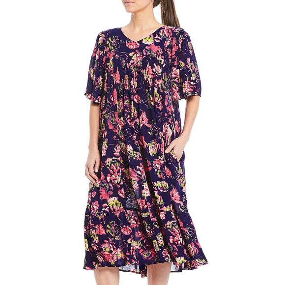 Go Softly Patio Dress Womens S Pink Purple Floral Midi Muumuu Tropical Relaxed - Picture 1 of 10